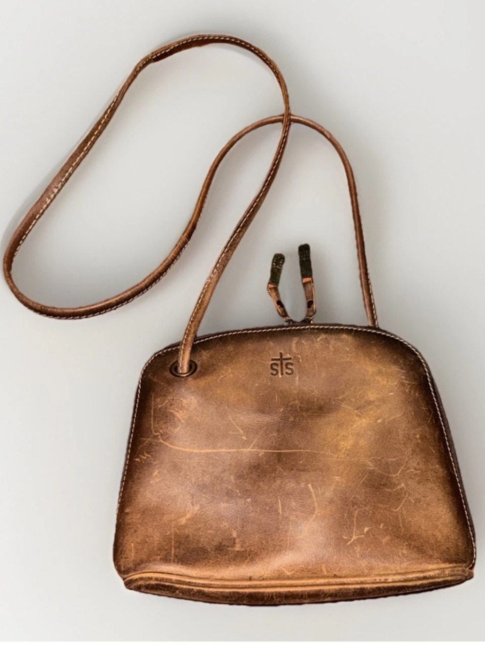STS‎ Ranchwear Distressed Brown Leather Crossbody Bag Western Zipper Accents GUC